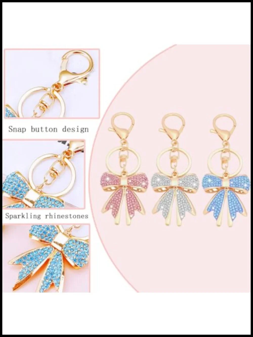 Set of 3 Rhinestone Bow Keychains with Gold Tone - Cute Purse Charm Accessory